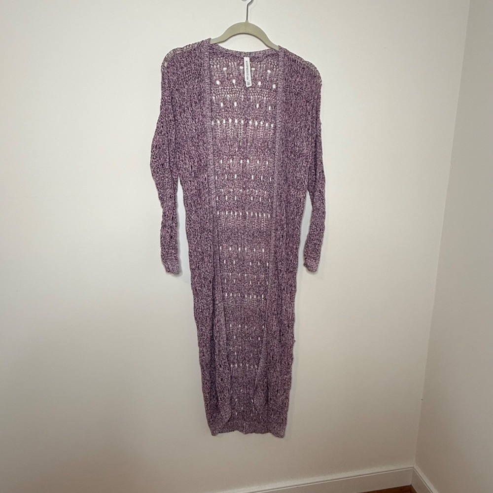 Aeropostale Women M Crochet-Look Open Knit Duster Cardigan Pink Gray Cotton Boho